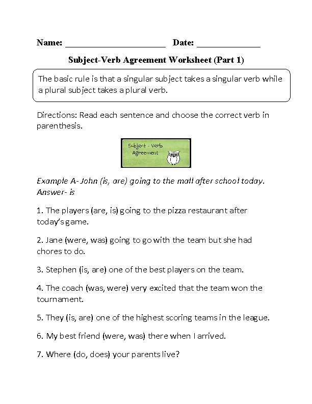 worksheet on subject verb agreement