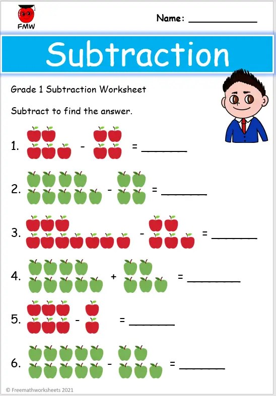 worksheet on subtraction for grade 1
