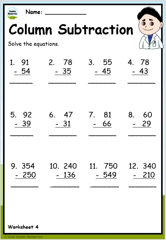 worksheet on subtraction for
