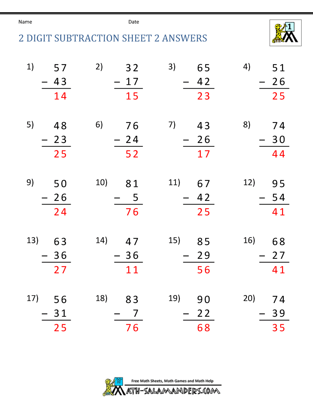 2 Digit Subtraction Worksheets