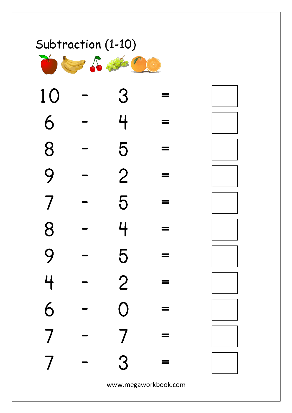 worksheet on subtraction with