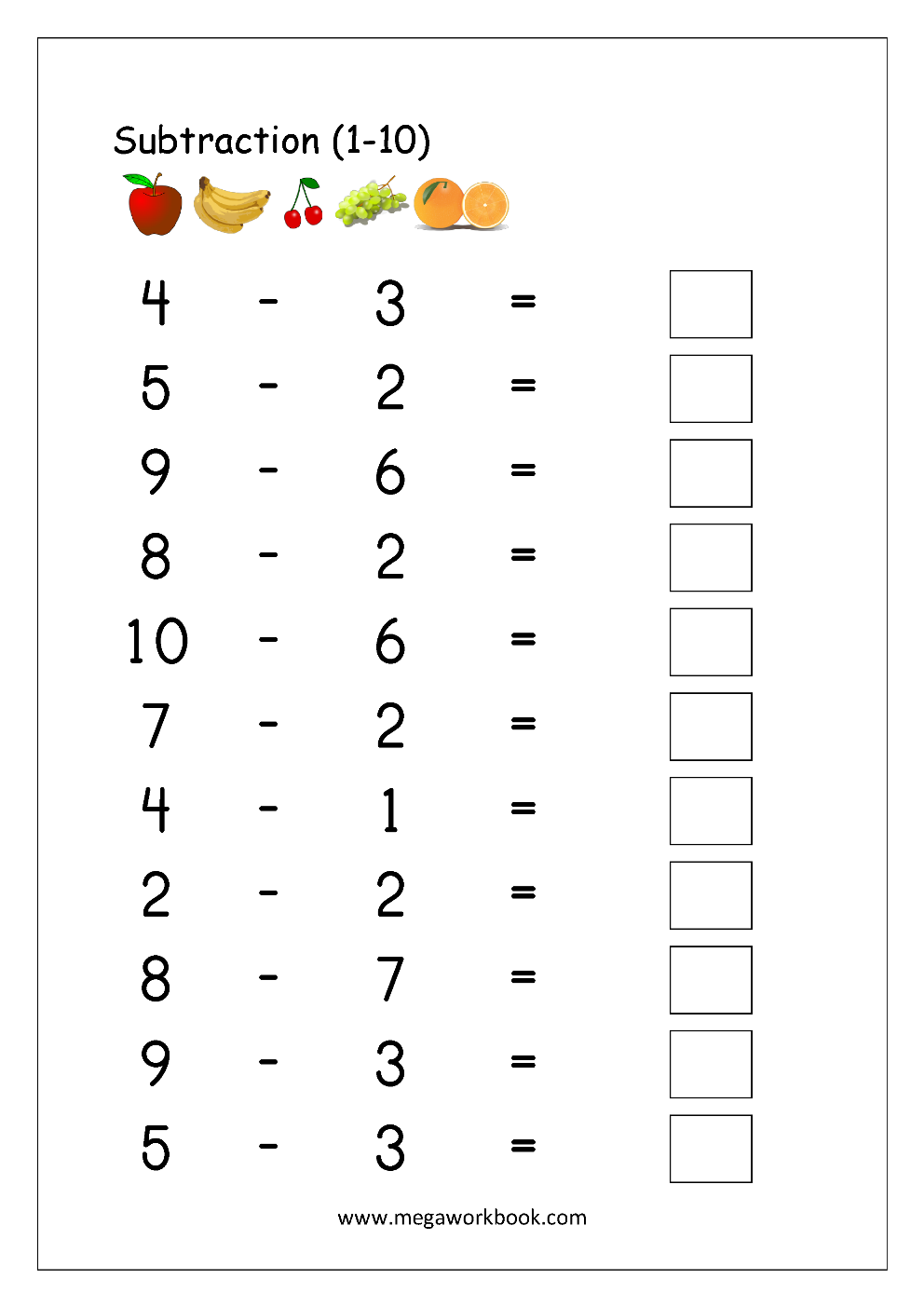 worksheet on subtraction