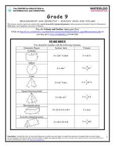 Surface Area and Volume Worksheet for 9th - 10th Grade | Lesson Planet