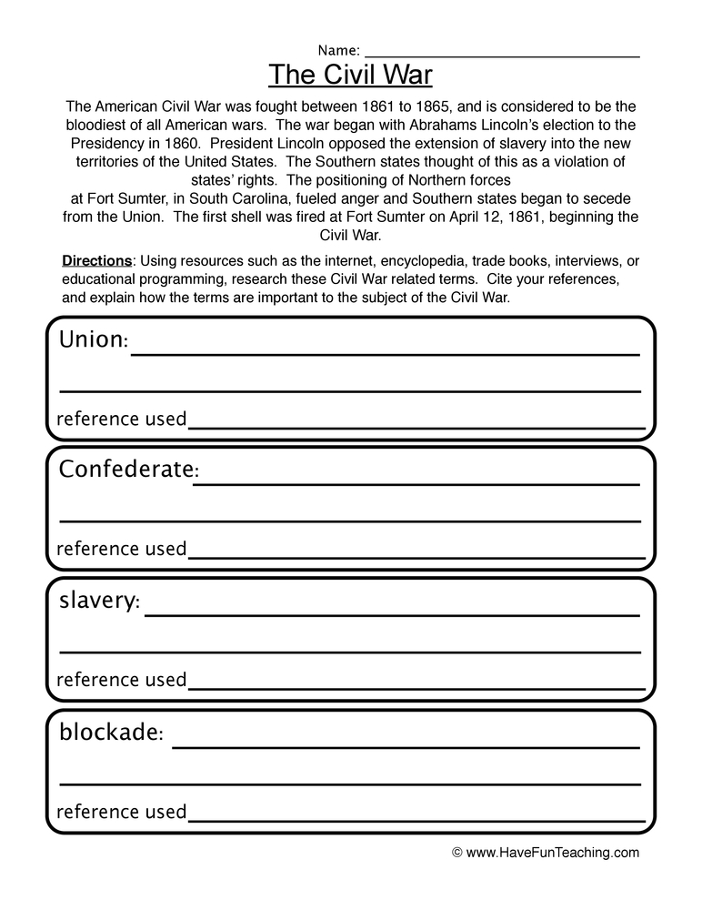 worksheet on the civil war
