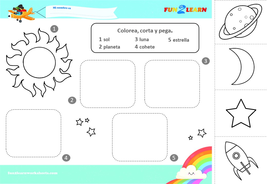Colour, Cut and Stick Worksheet (Sun, Planet, Moon, Star, Rocket ...