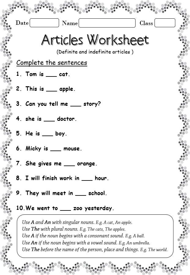 Worksheet on Definite and Indefinite articles - Your Home Teacher