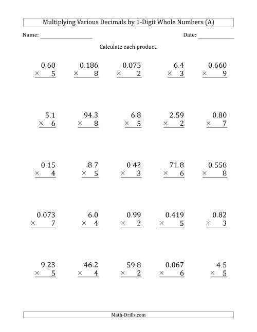Multiplying Various Decimals by 1-Digit Whole Numbers (A)