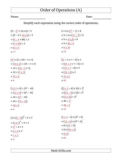worksheet order of operations