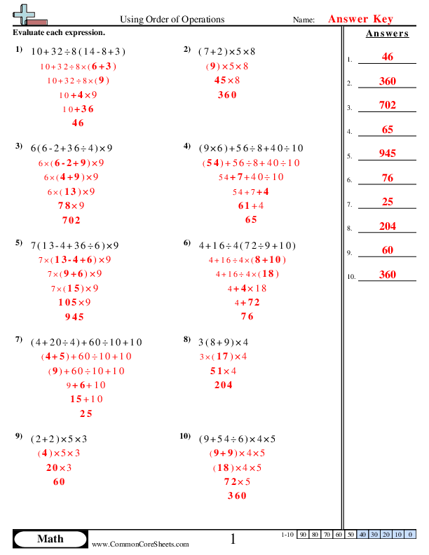 worksheet order of operations