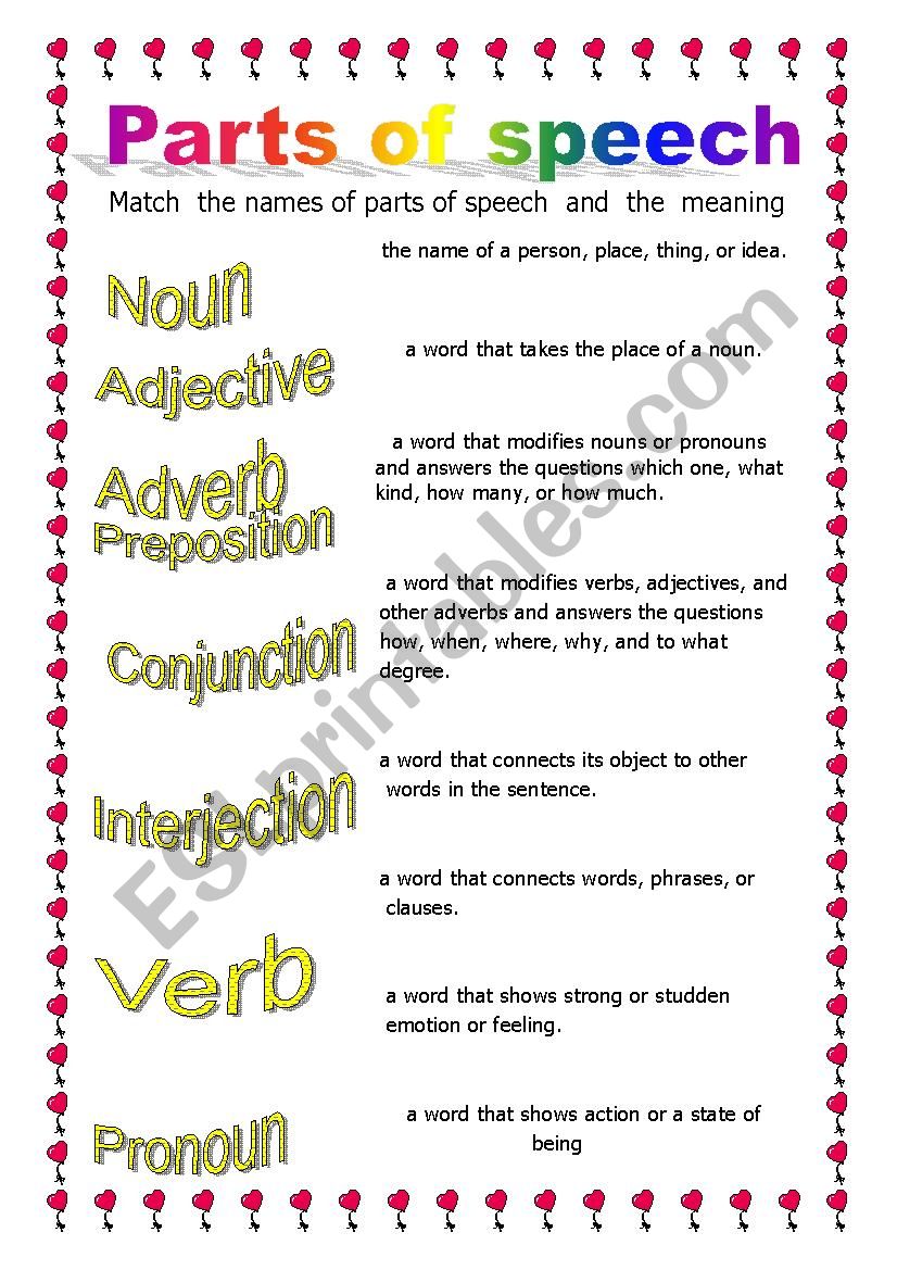 worksheet parts of speech
