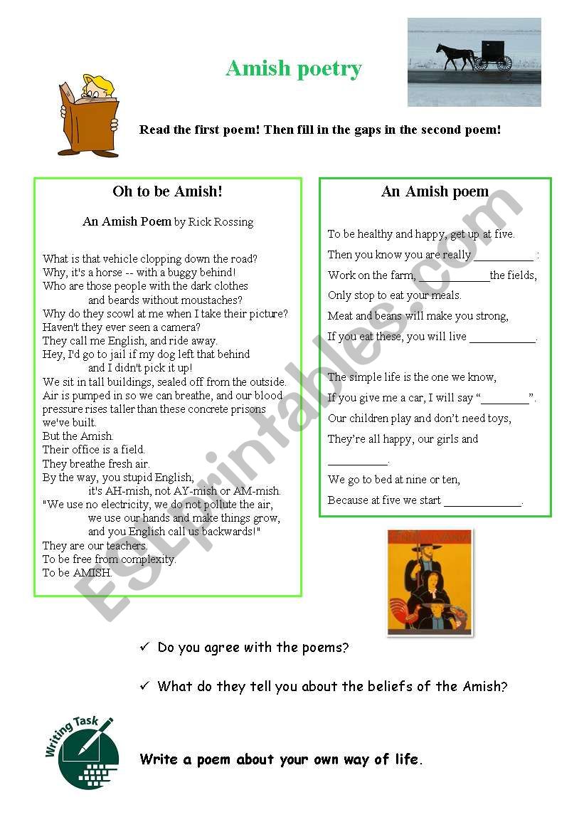 Amish people - poetry - alternative lifestyle - ESL worksheet by ...