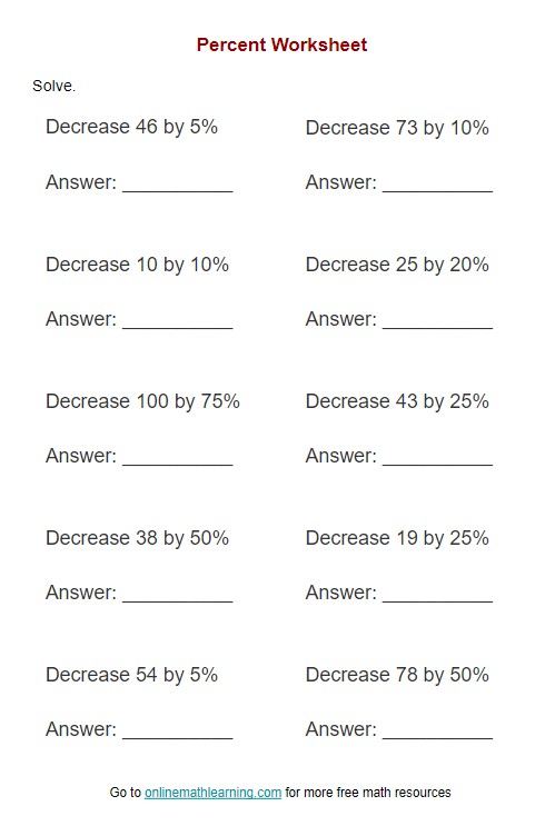 Decrease a Number by a Percentage Worksheet (answers, examples)