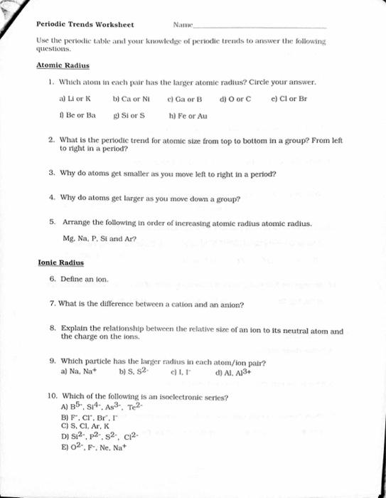 worksheet periodic table trends
