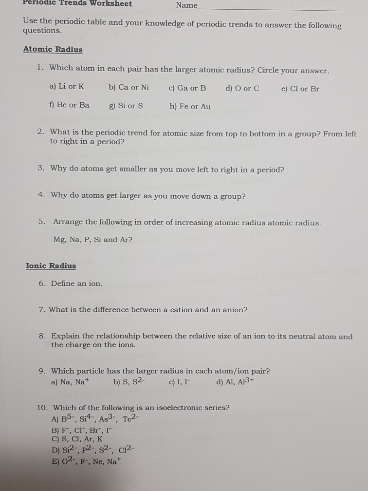 worksheet periodic trends answer key