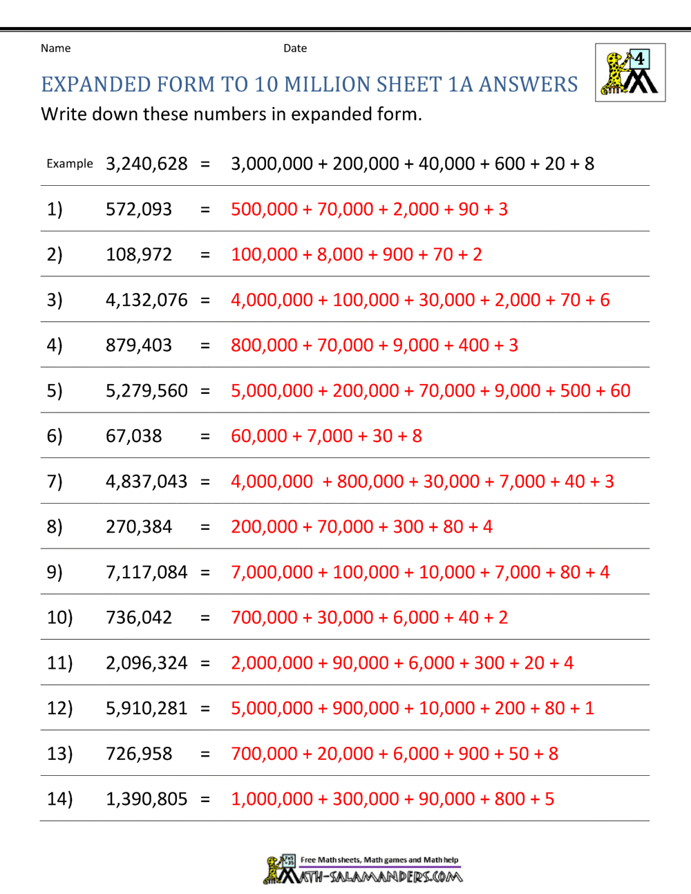 Place Value Worksheet - up to 10 million