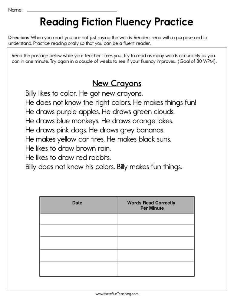 Reading Fiction Fluency Practice Worksheet  