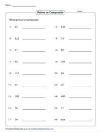 Prime and Composite Numbers Worksheets