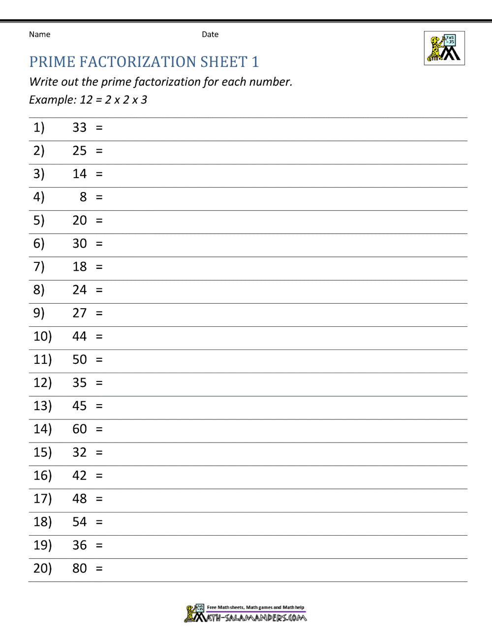 Prime Factorization Worksheet page