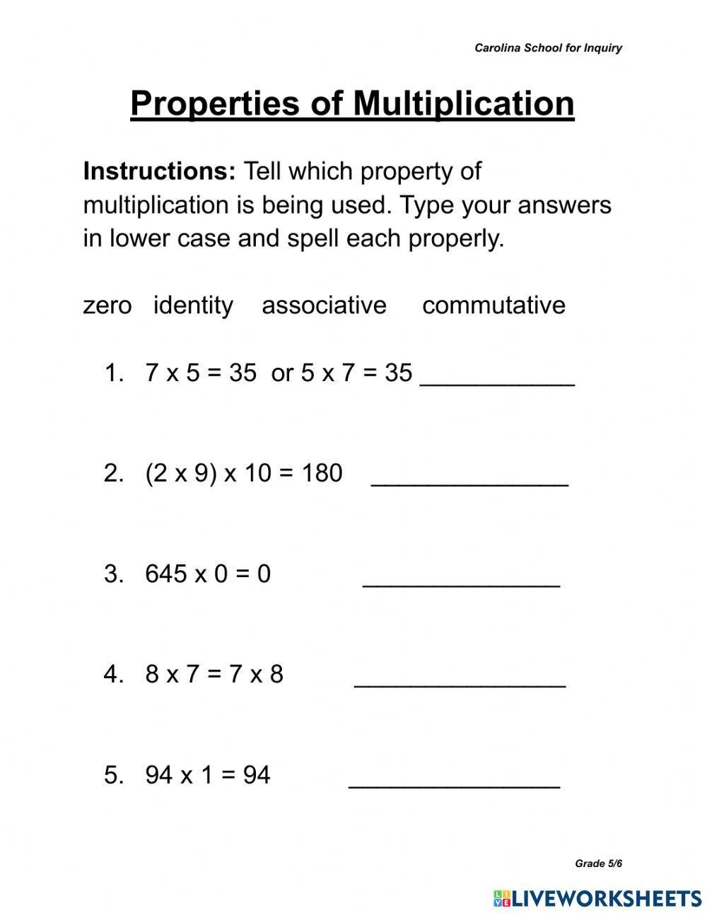 Free Worksheet Properties Of Multiplication Download Free Worksheet