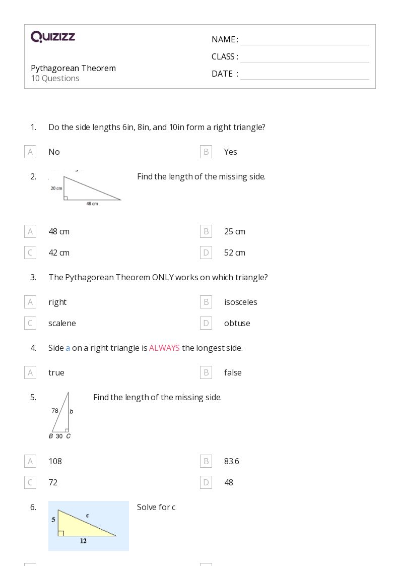 50+ pythagorean theorem worksheets for 12th Grade on Quizizz ...
