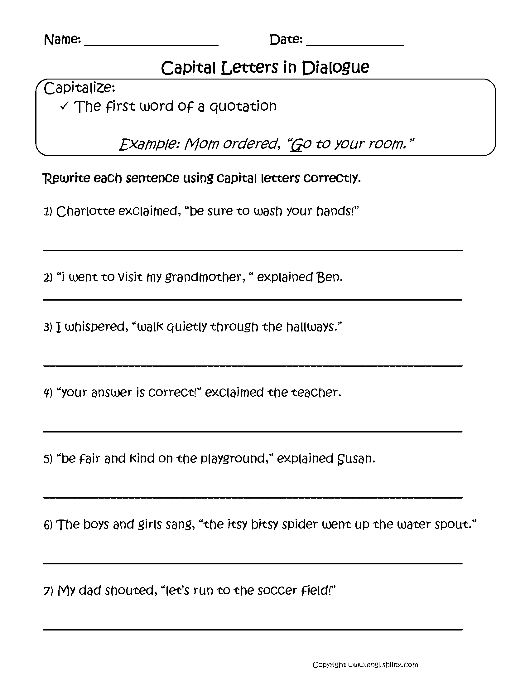 Capitalization Worksheets | Capitalization Dialogue Worksheets