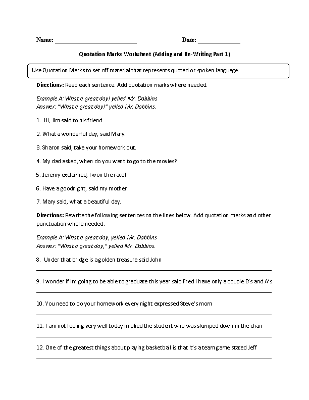 Quotation Marks Worksheets | Adding and Writing Quotation Marks ...