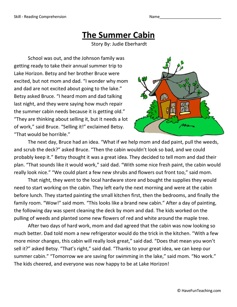 The Summer Cabin Reading Comprehension Worksheet  