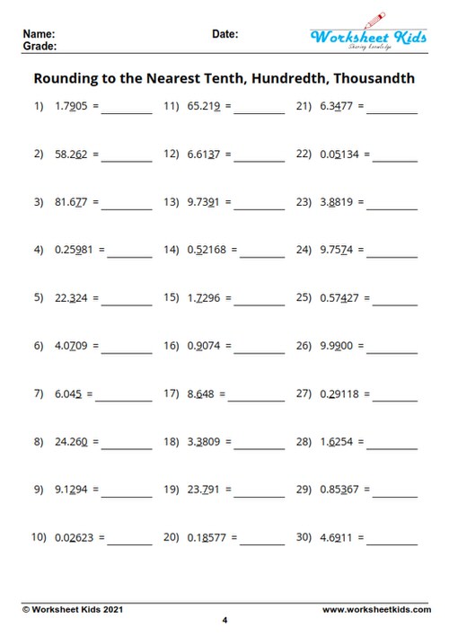 Rounding decimals worksheet for 5th Grade with answer key - Free PDF