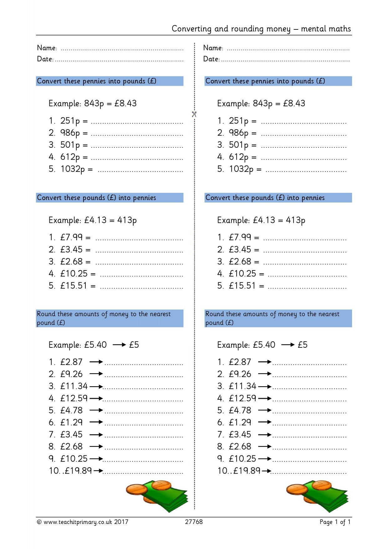 Converting and rounding money mental maths KS2 measurement