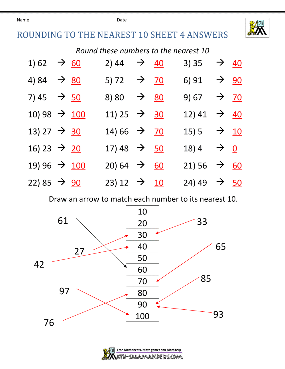 worksheet rounding to the nearest 10