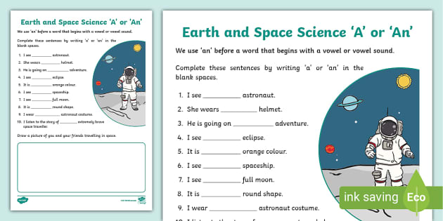FREE! - Earth and Space Science a or an Worksheet