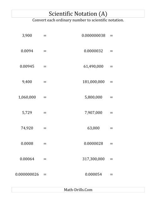 Converting Ordinary Numbers to Scientific Notation (A)