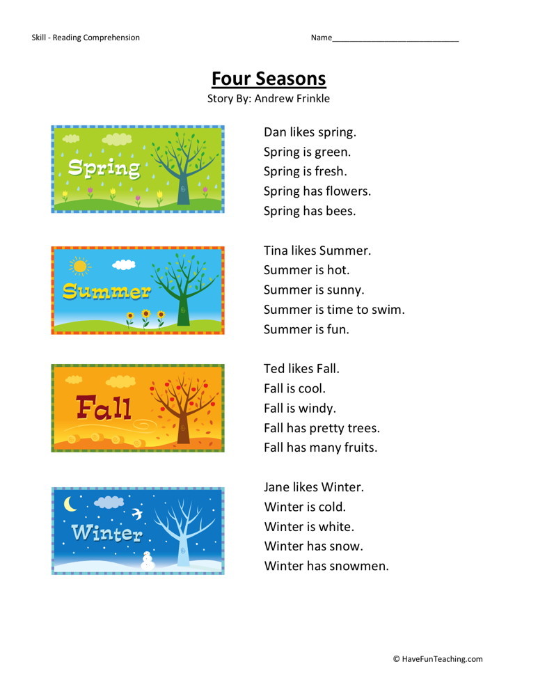 Reading Comprehension Worksheet - Four Seasons