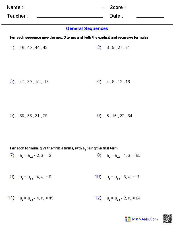 Algebra 2 Worksheets | Sequences and Series Worksheets