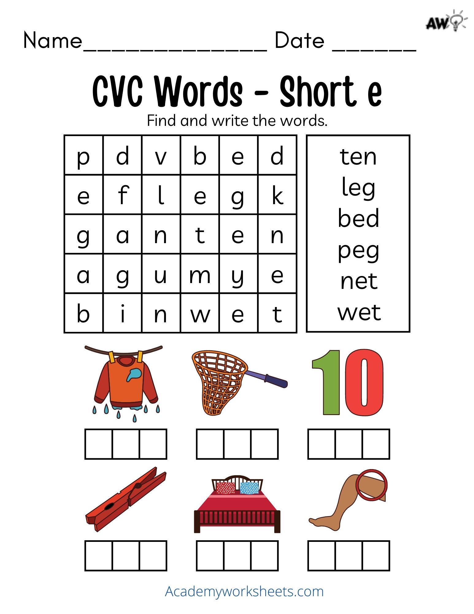 Short e Phonics Worksheets CVC - Academy Worksheets
