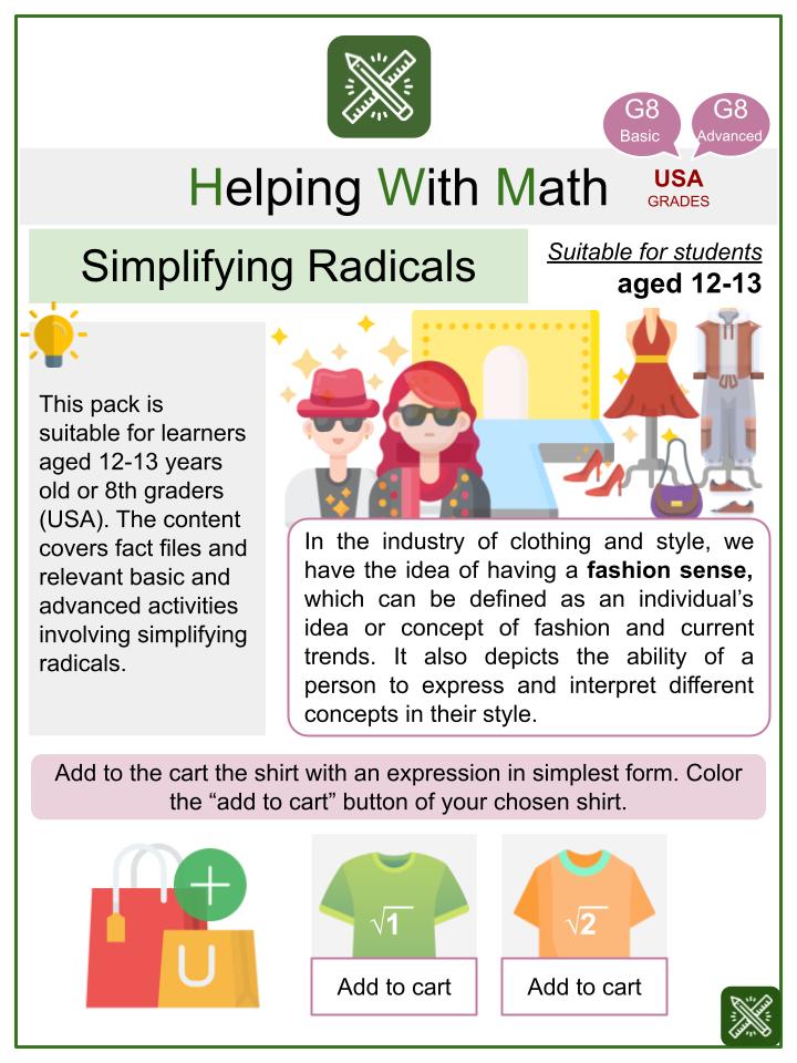 Simplifying Radicals Fashion Themed Math Worksheets| Age 12-13