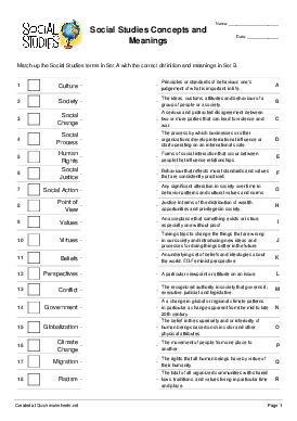 Social Studies Concepts and Meanings - Matching Pairs Worksheet ...