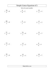 Simple Linear Equations (C) Worksheet for 8th - 10th Grade ...
