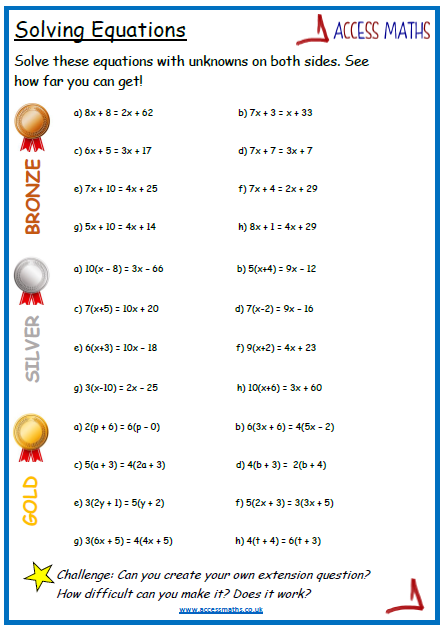 Solving Equations Worksheets - Access Maths