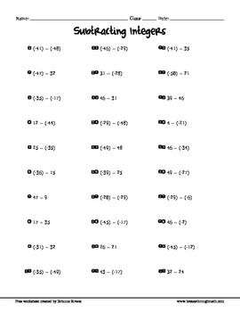 Free Subtracting Integers Worksheet (2 Terms)