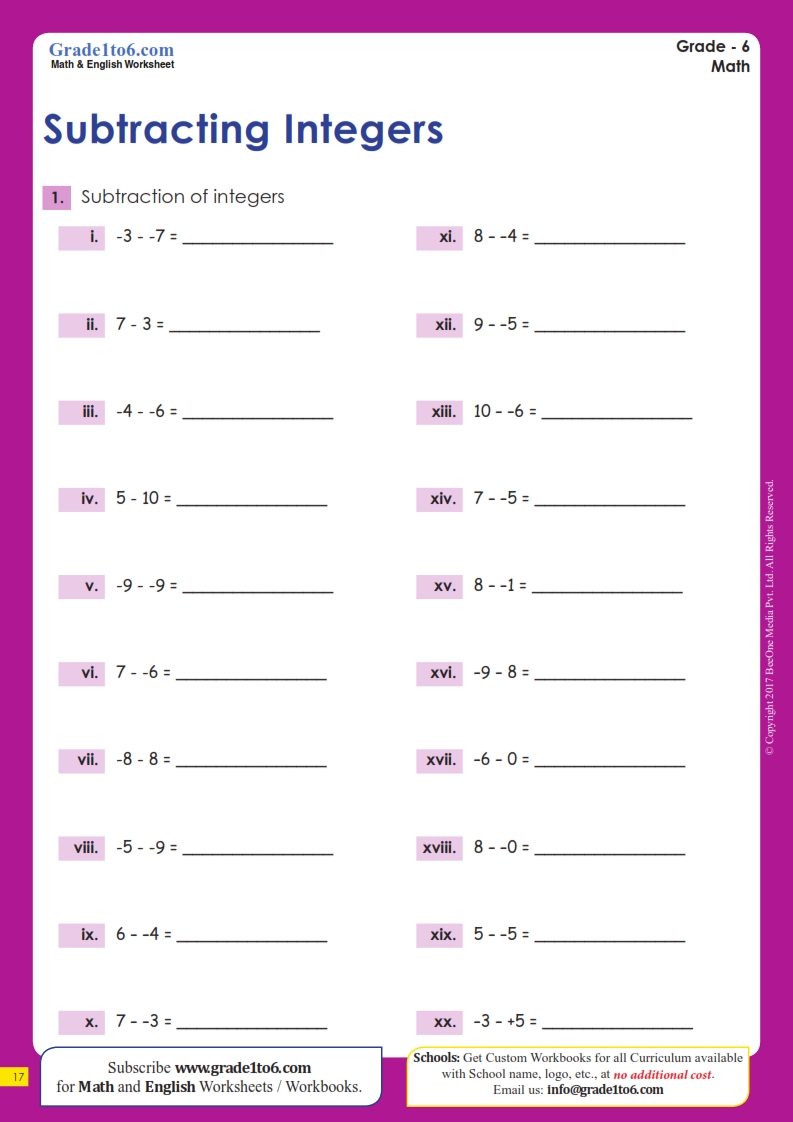 Subtracting Integers (-10 to +10) Worksheets | Grade 6