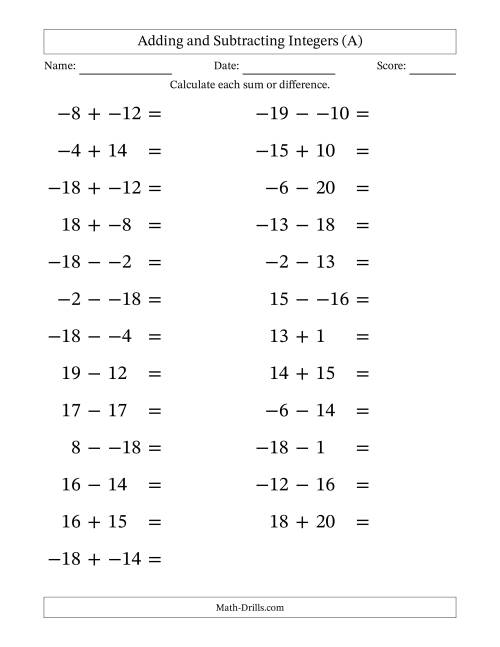 Adding and Subtracting Mixed Integers from -20 to 20 (25 Questions ...