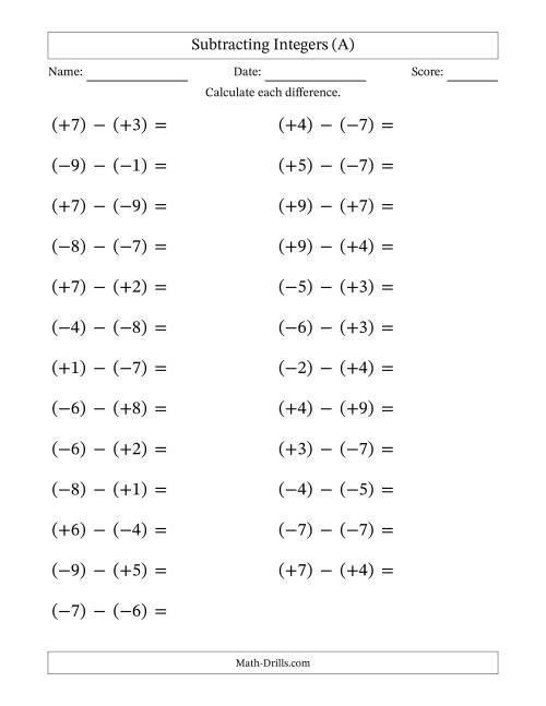 Subtracting Mixed Integers from -9 to 9 (25 Questions; Large Print ...