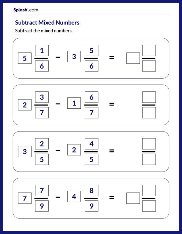worksheet subtraction of mixed numbers