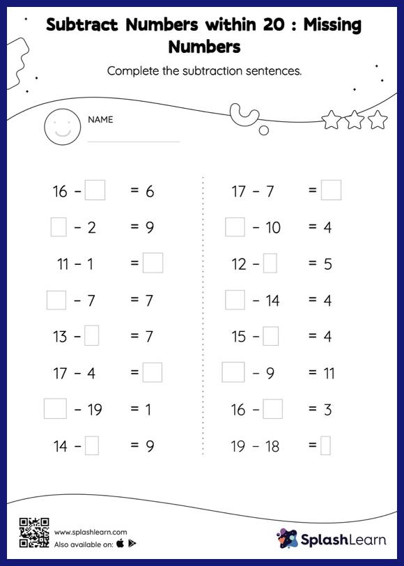 Subtract Numbers within 20 : Missing Numbers - Math Worksheets ...