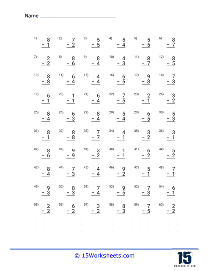 worksheet subtraction of