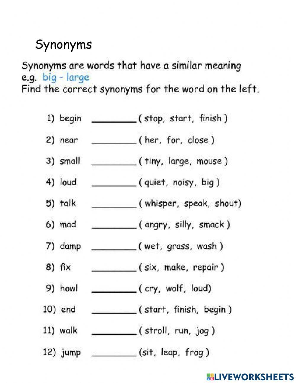 Synonyms exercise for Grade 1  