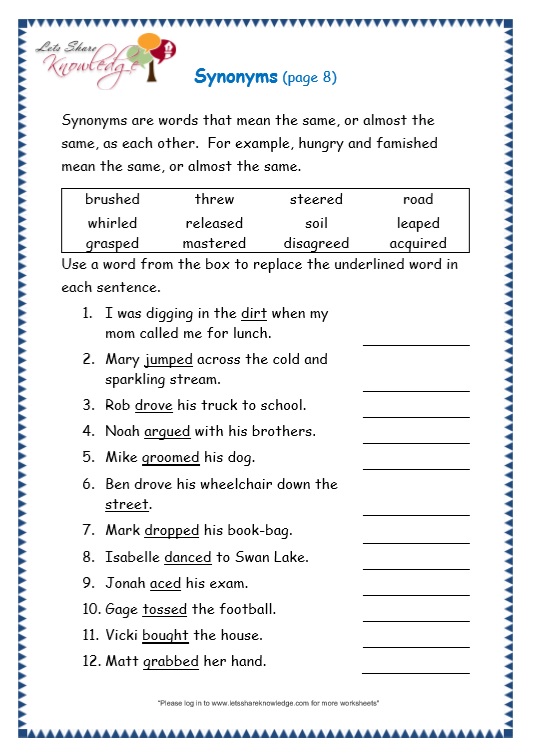 Grade 3 Grammar Topic 27: Synonyms Worksheets - Lets Share Knowledge