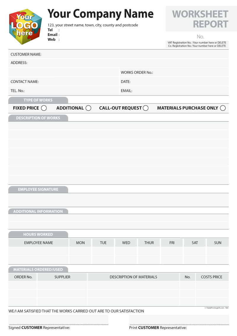 WORKSHEET Template for Carbonless printing from £54