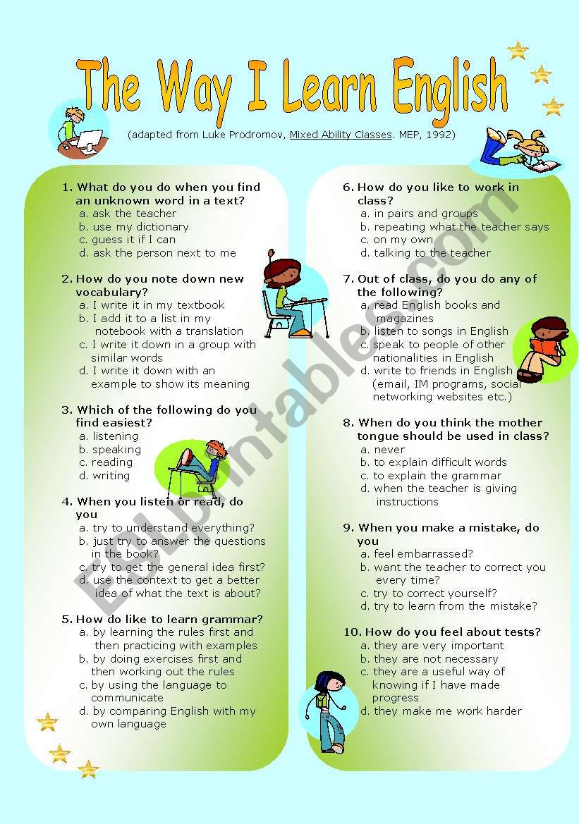 The Way I Learn English - ESL worksheet by sharon f
